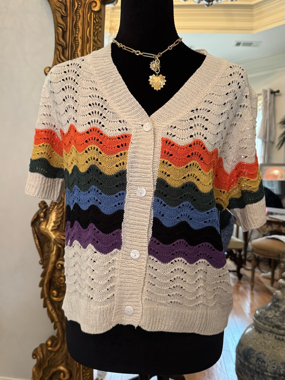 Beige Openwork Short-Sleeve Cardigan with Multicolor Wave Stripes